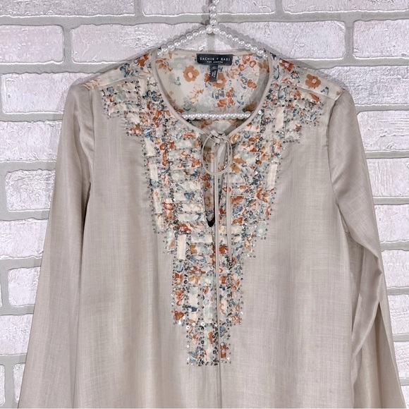 Sachin + Babi for Ankasa Silk Beaded Beige and Floral Print Tunic Top Size XS - Picture 3 of 9